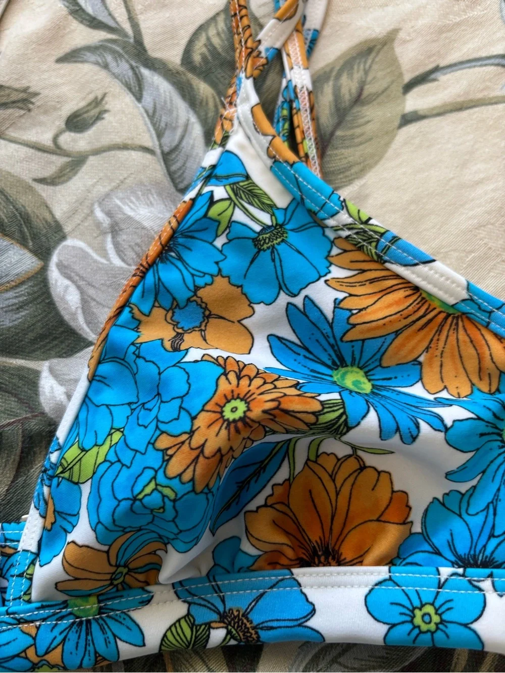 Floral Triangle Bikini Top in Blue & Orange